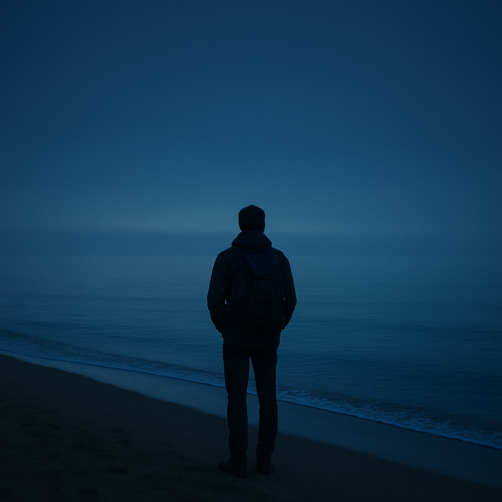 A lone traveler looking out over calm ocean water at blue hour